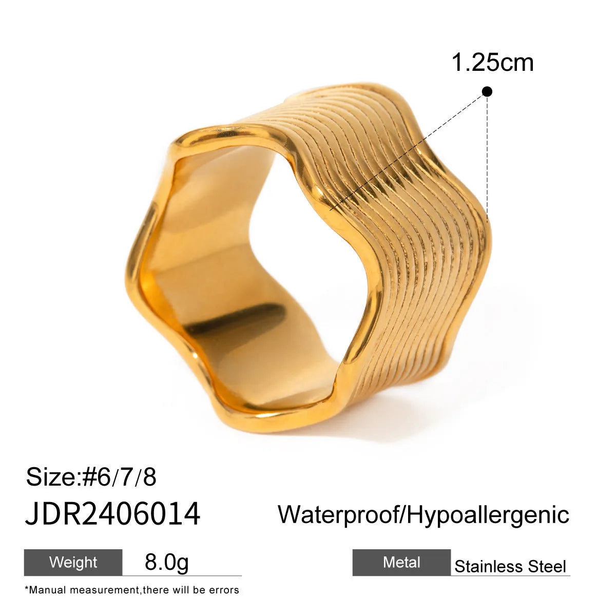 Close-up of a stainless steel ring with a wide geometric wave pattern and electroplated metallic finish.