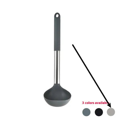 12 piece silicone kitchen utensil set with rotating storage bucket in black, dark grey or khaki colours
