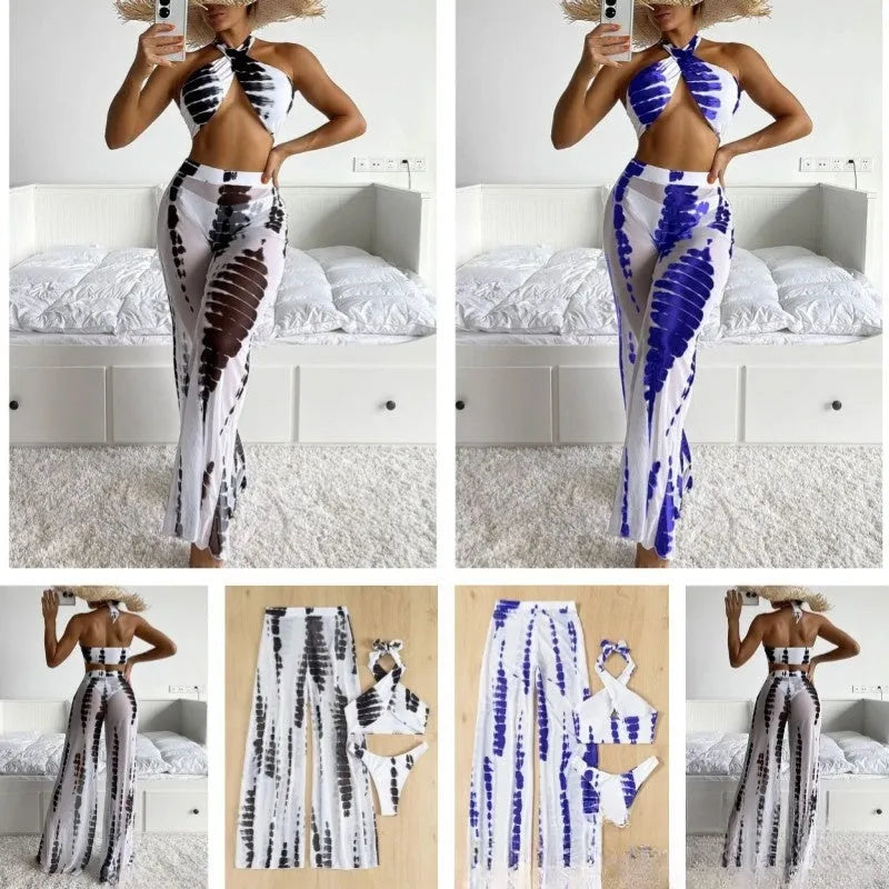 Women's three-piece swimsuit set with bikini top, underpants, and mesh trousers in printed design.