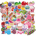 Pack of 50 colourful Candy Series graffiti and cartoon stickers, each measuring 4-6cm.