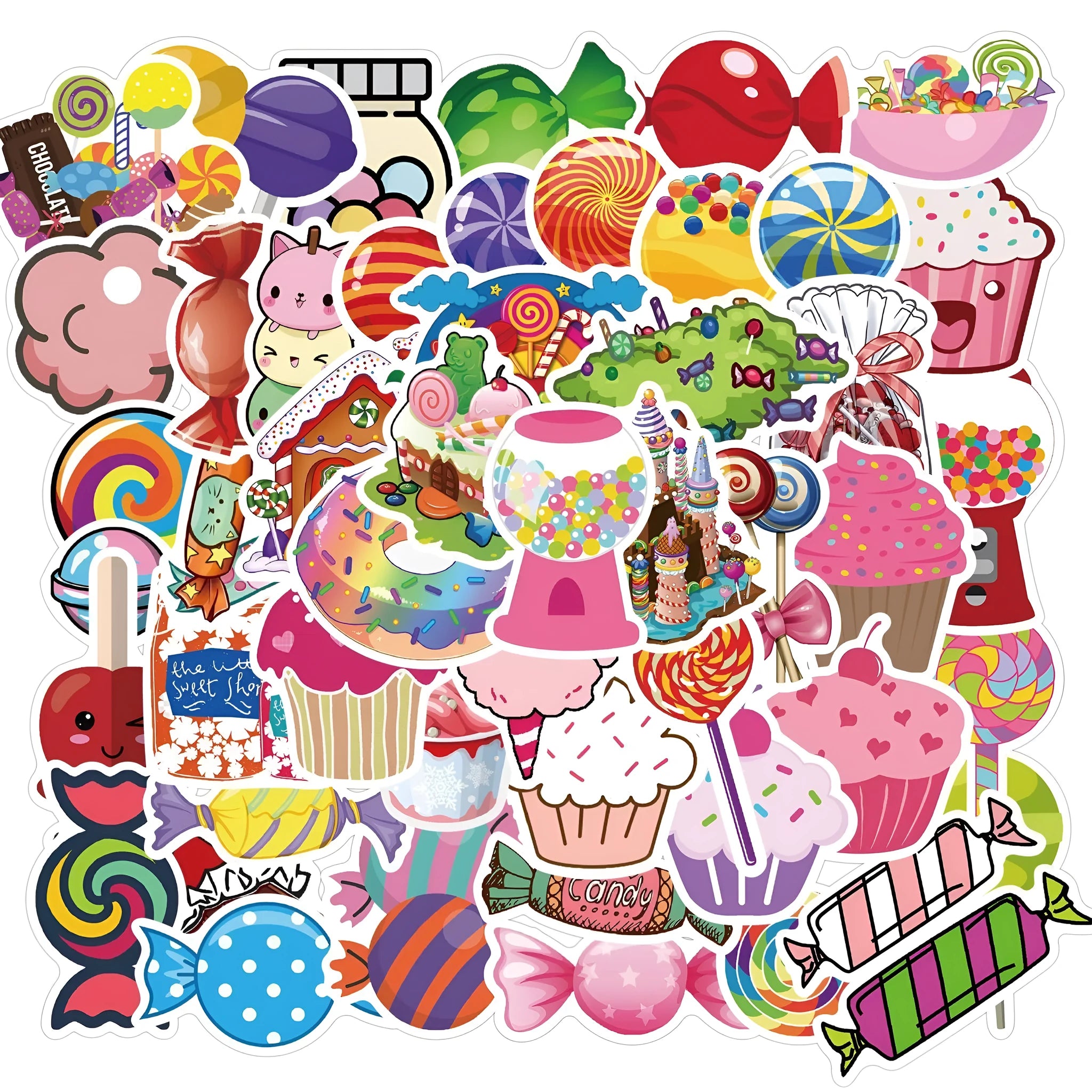 Pack of 50 colourful Candy Series graffiti and cartoon stickers, each measuring 4-6cm.