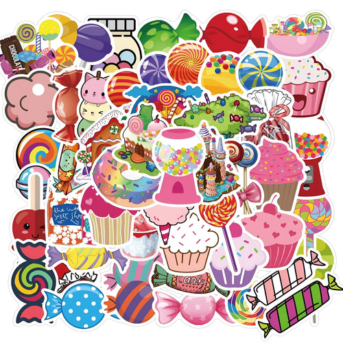 Pack of 50 colourful Candy Series graffiti and cartoon stickers, each measuring 4-6cm.