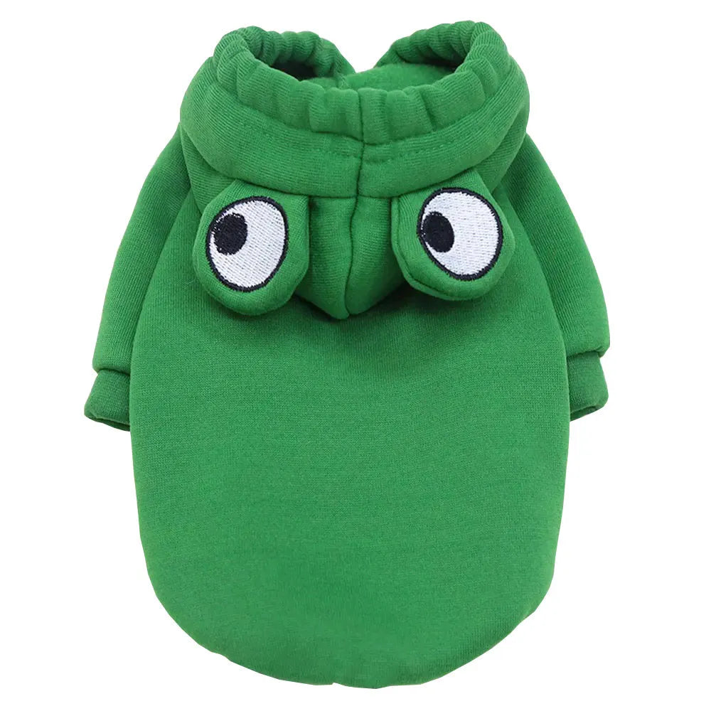 Green frog costume hoodie on a small dog, showing long sleeves and hood