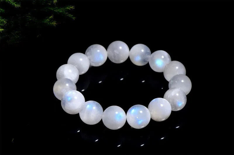 Natural blue moonlight round bead bracelet made from polished moonstone beads in geometric design
