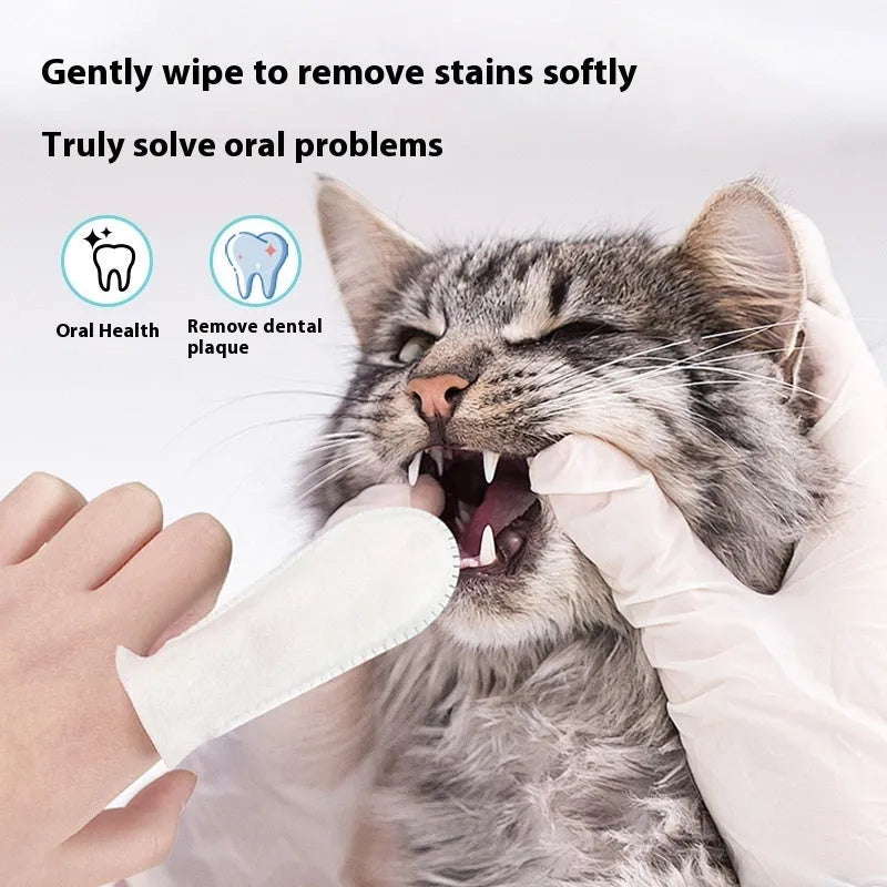 Pack of 50 white non-woven fabric pet dental cleaning finger cots for cats and dogs.
