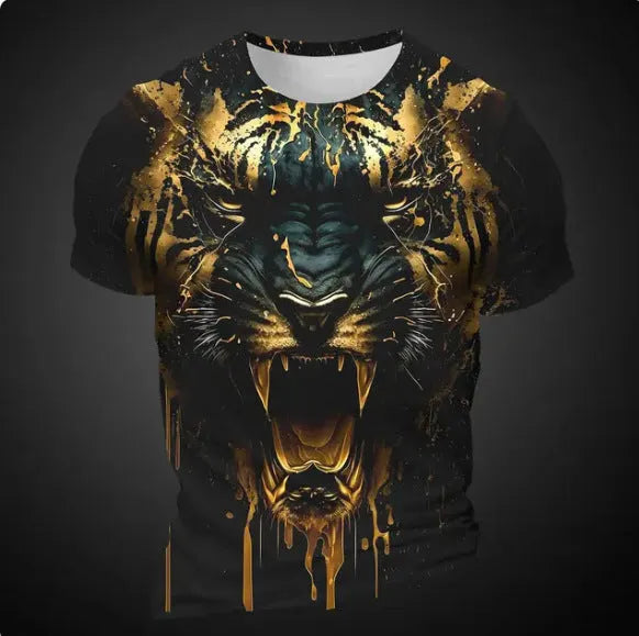 Men's short sleeve T-shirt with 3D tiger pattern print in polyester bird eye cloth