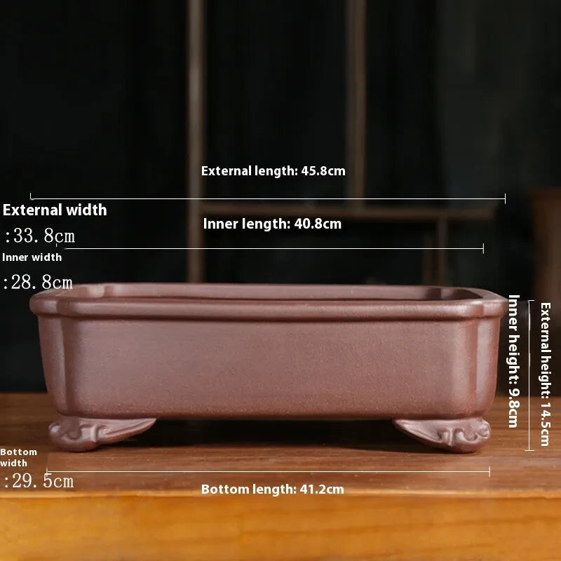 Purple sand rectangular bonsai pot with antique styling and corner-cut design