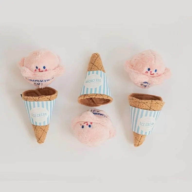 Fleece squeaky ice cream toy for dogs and cats in lake blue on a light background