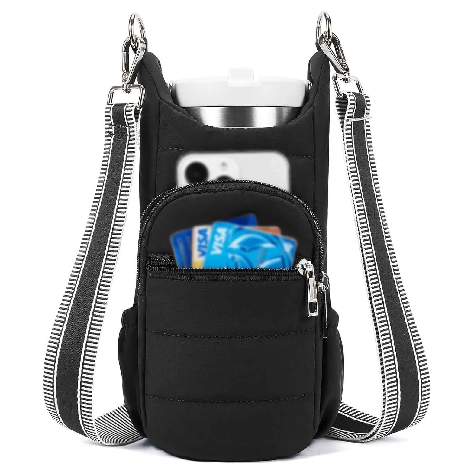 Cloth bicycle water bottle bag in black, pink and beige colours for kettle or bottle storage