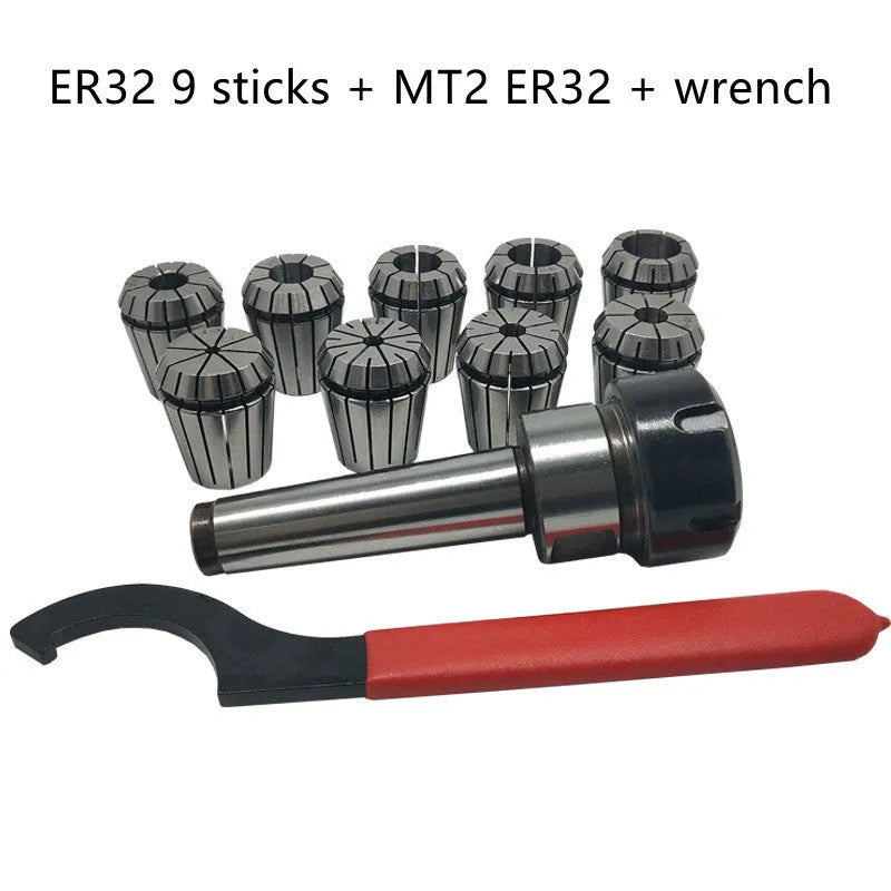 ER32 collet set with coated 40 chrome steel collets, Morse taper arbor, and wrench for milling machines