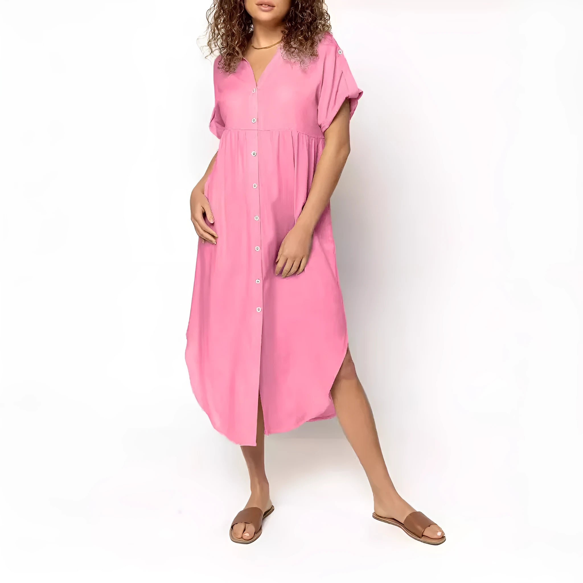 Loose temperament mid-length casual dress with button detailing in polyester fabric