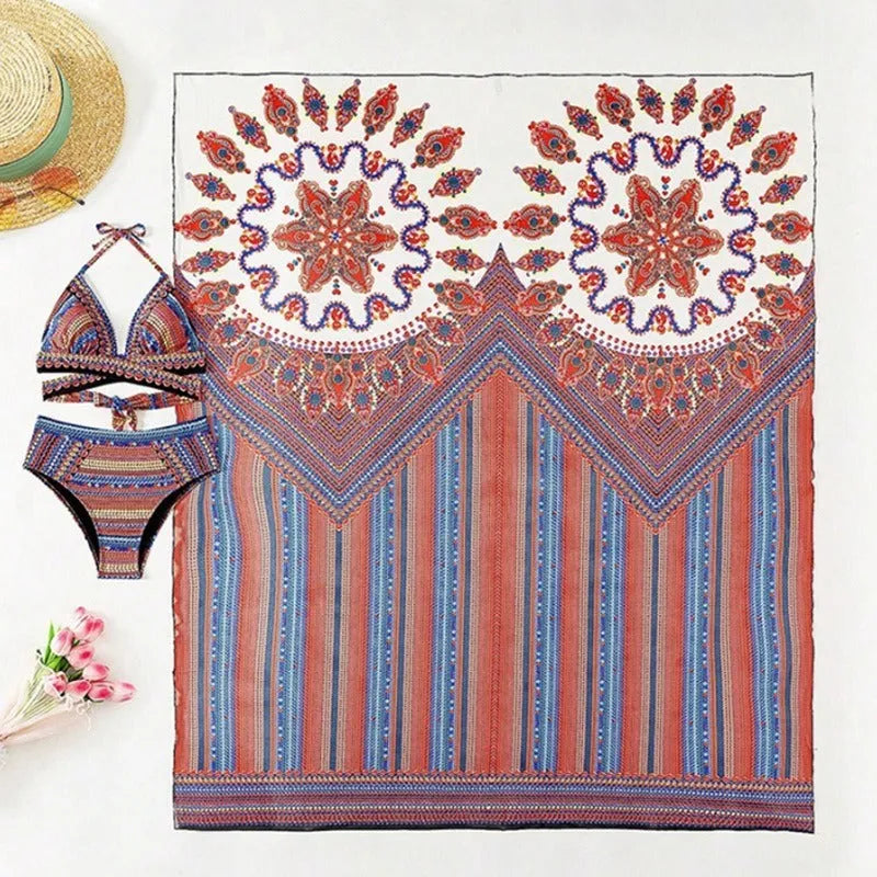 Women's three-piece swimsuit set showing high-waisted briefs, cutout sleeveless blouse and matching coat in pictured colour