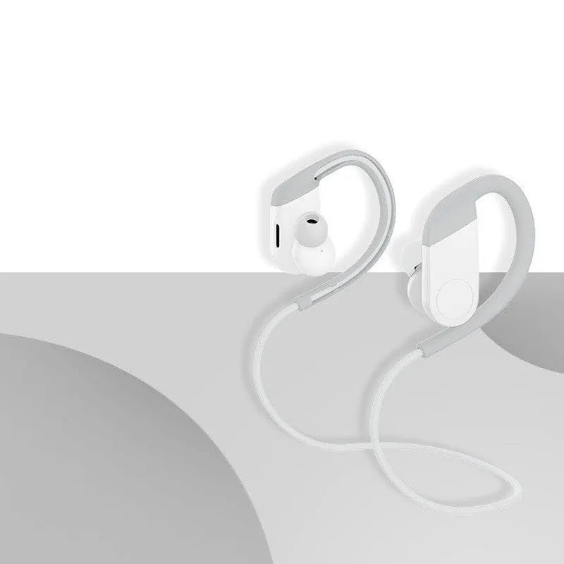 Wireless in-ear hanging Bluetooth headset in black with earbuds and neckband on white background