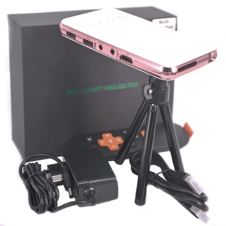 White and rose gold M6S miniature portable DLP Android projector with compact size.