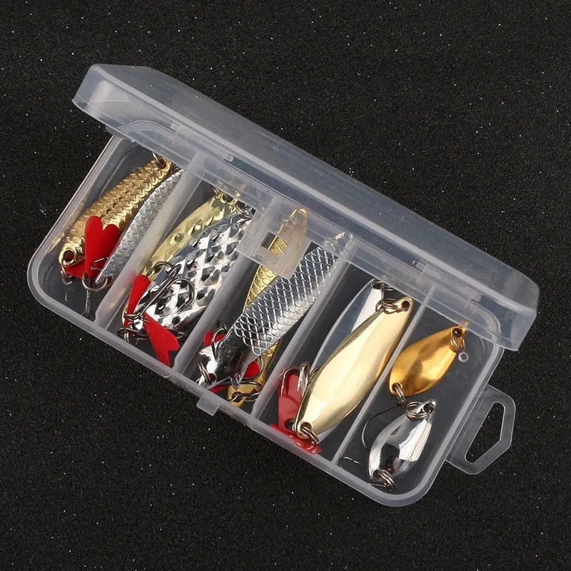 Fishing lure box with pineapple-shaped iron false baits and metal sequins in gold and silver colours
