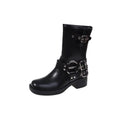 Women's black platform boots with belt buckle detail and lace-up closure, mid-calf length