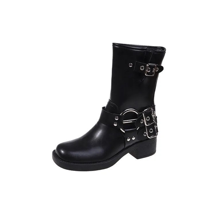 Women's black platform boots with belt buckle detail and lace-up closure, mid-calf length