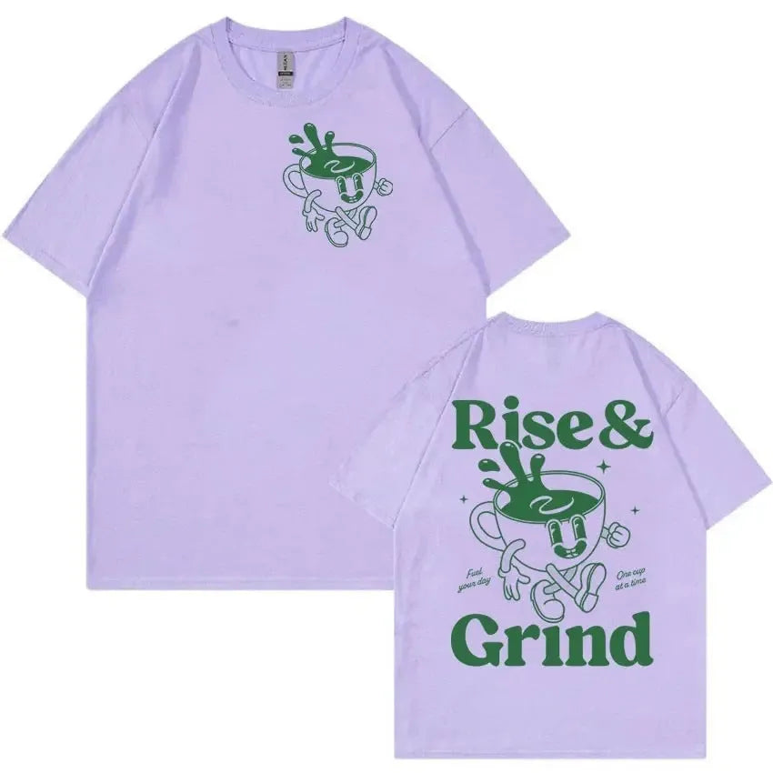 Loose fit linen t-shirt with Rise And Grind text and cartoon coffee graphic