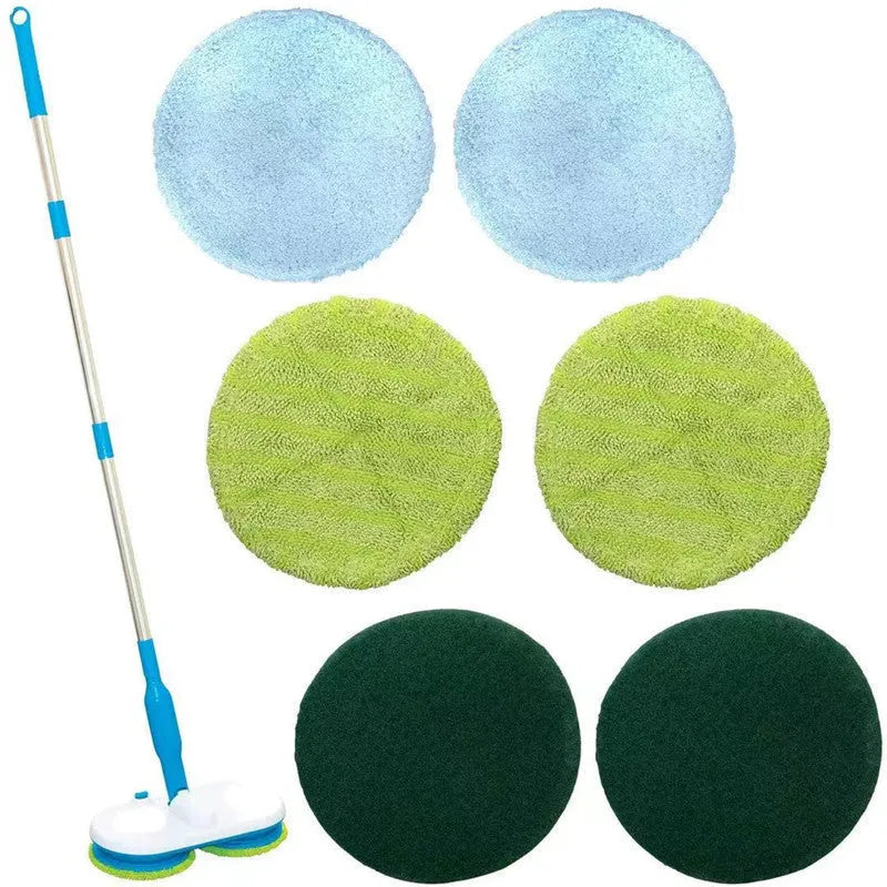 Hand-held wireless electric floor mop with USB charging port and a set of cleaning pads.