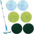 Hand-held wireless electric floor mop with USB charging port and a set of cleaning pads.