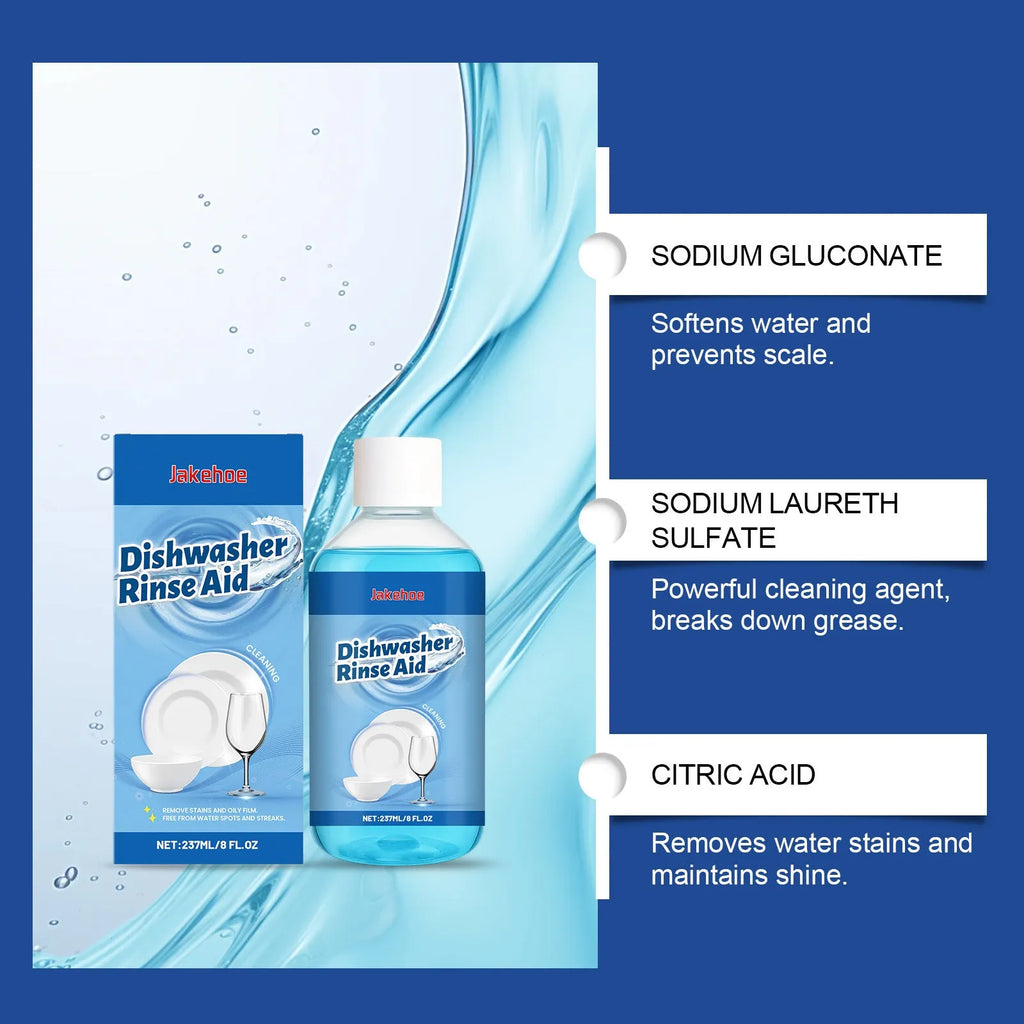 237ml bottle of dishwasher detergent aid for stain and oil removal on plates and kitchenware.
