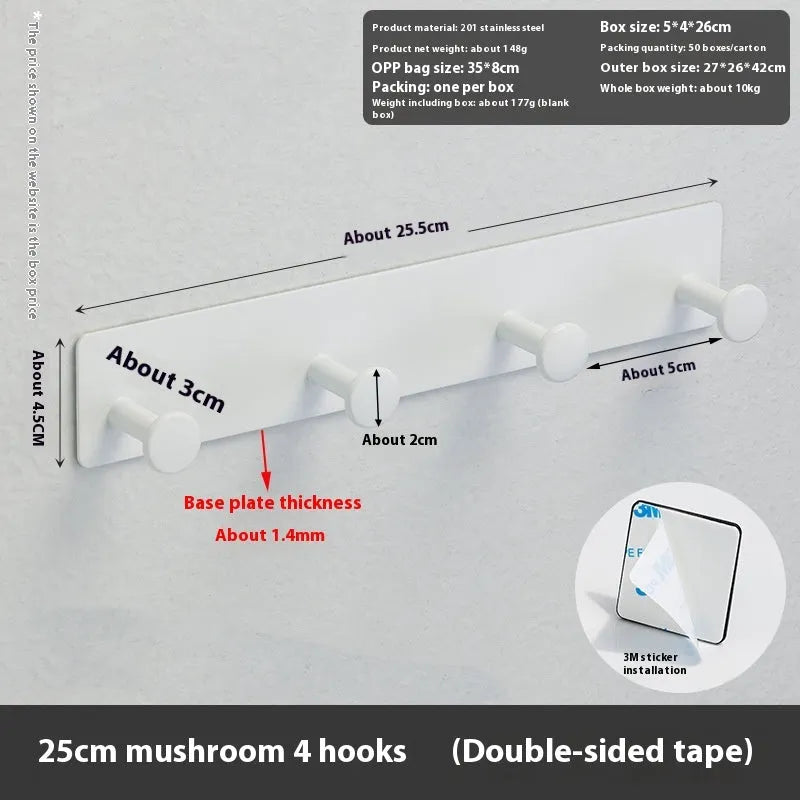 Screwless wall mounted clothes hook rack with mushroom head hooks in 3-hook configuration
