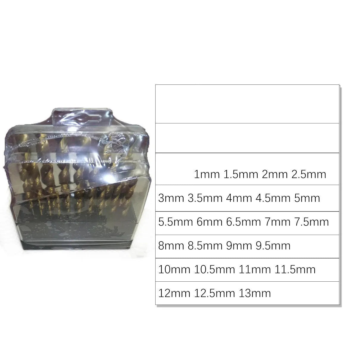 19-piece set of titanium-coated twist drill bits in an iron storage box