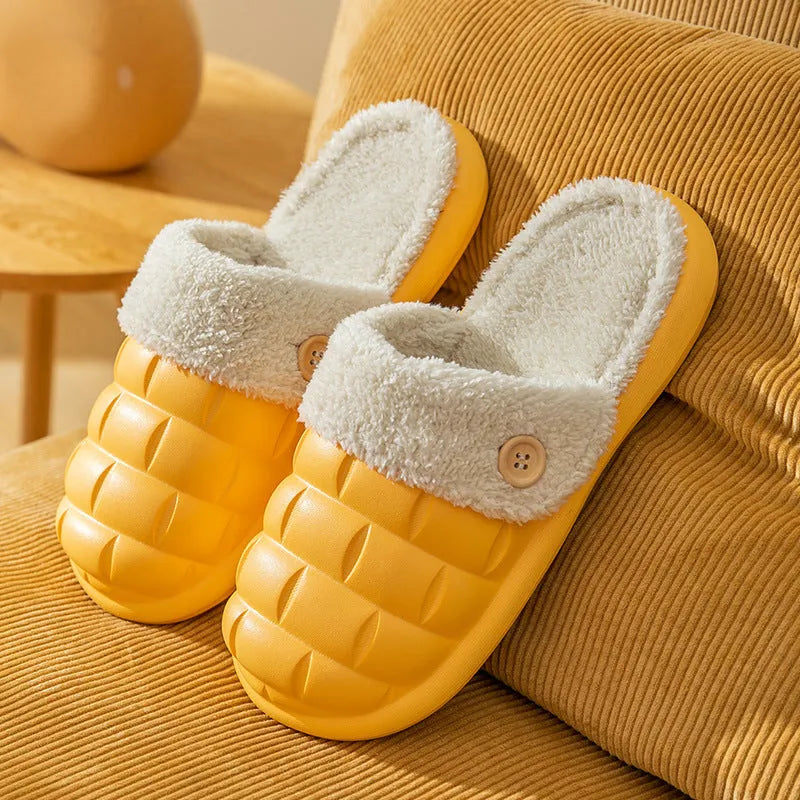 Plaid pattern detachable slippers with EVA sole and plush lining, shown in pink colour.