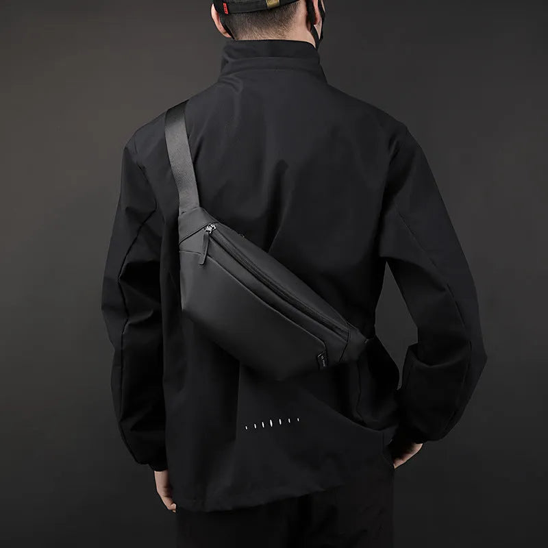 Outdoor casual waterproof nylon crossbody shoulder bag for men in black solid colour sewing line detail