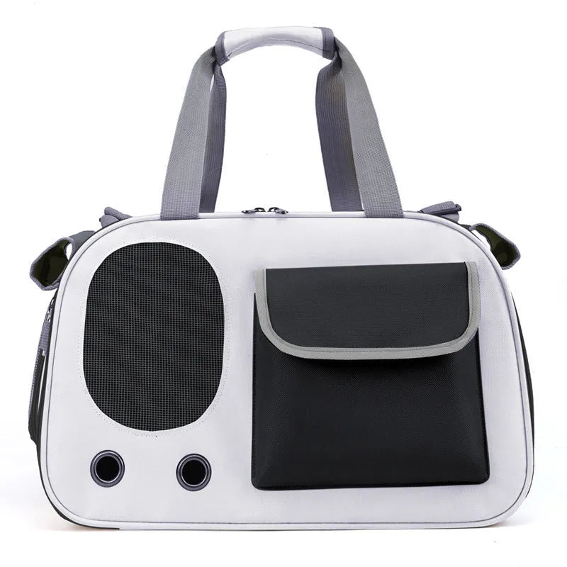 Foldable single shoulder pet carrier backpack in canvas material shown in black colour