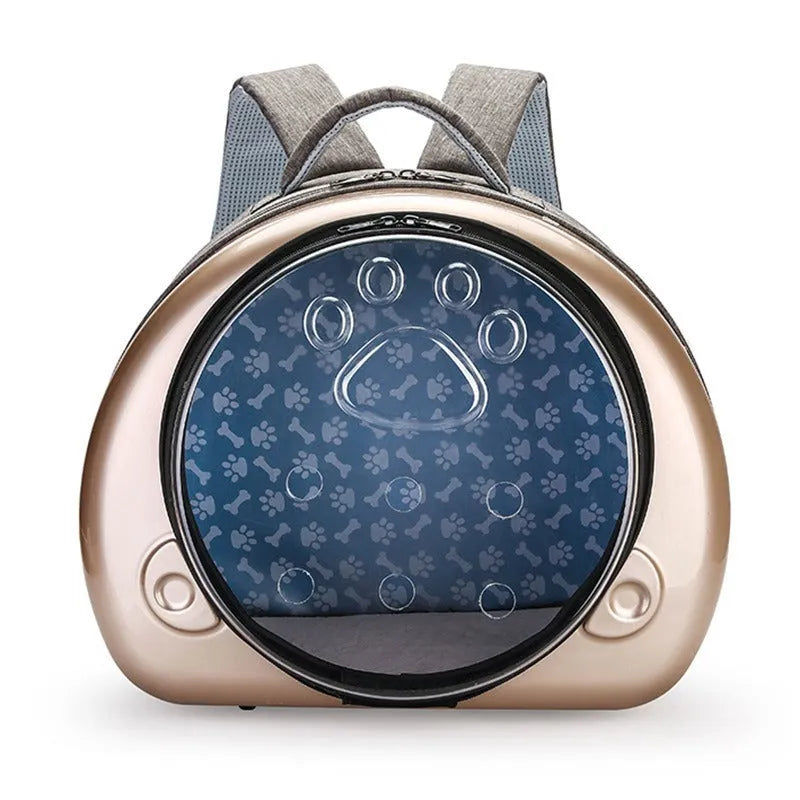 Transparent space capsule style cat carrier bag with breathable design and rose gold front cover.