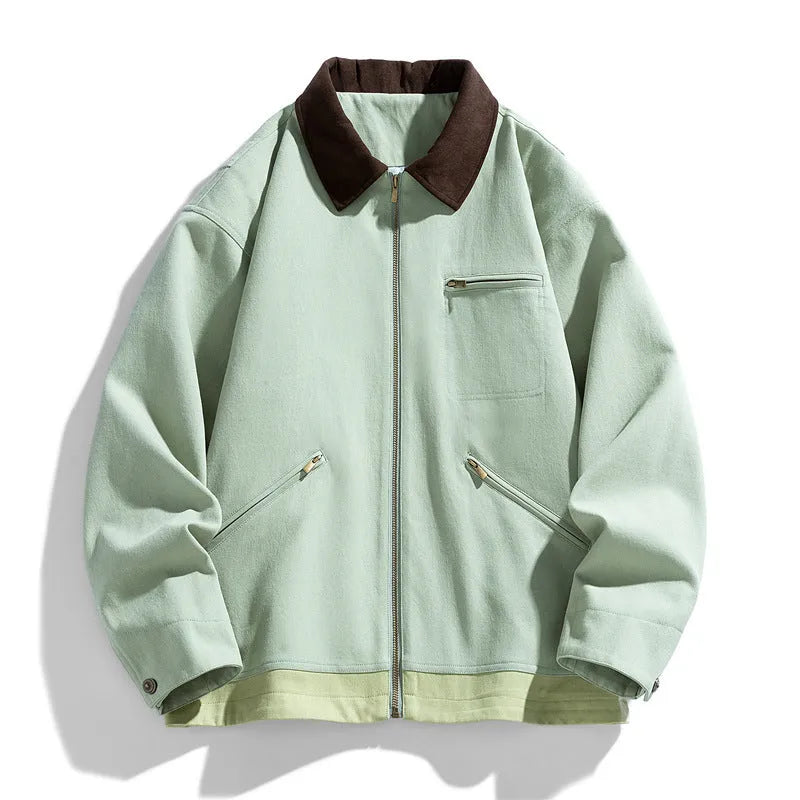 Korean style loose couple jacket with contrast lapels in polyester fabric