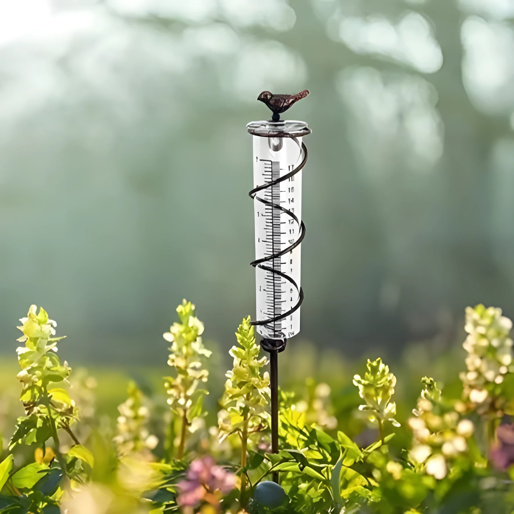 Cast iron outdoor rain gauge with glass hummingbird decoration showing measurement scale