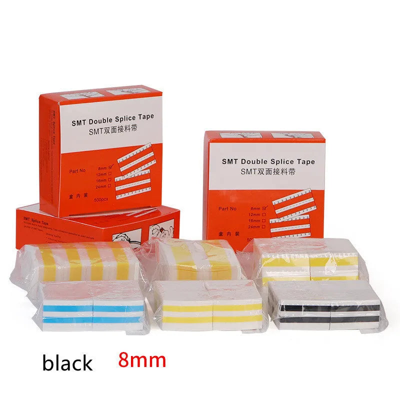 Rolls of yellow, black, blue, and gum coloured SMT double-sided splicing tape in various widths.