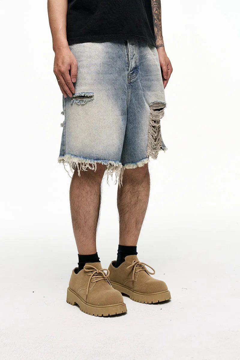 Men's light blue baggy denim shorts with wide leg and retro washed finish on a mid waist.