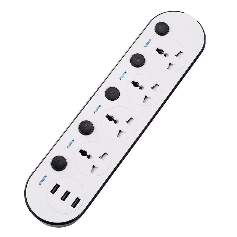 International power strip with UK, US and EU sockets, USB ports, individual switches and extended cable