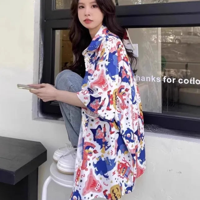 Women's summer retro full printed short-sleeved shirt in loose fit polyester, available in multiple sizes