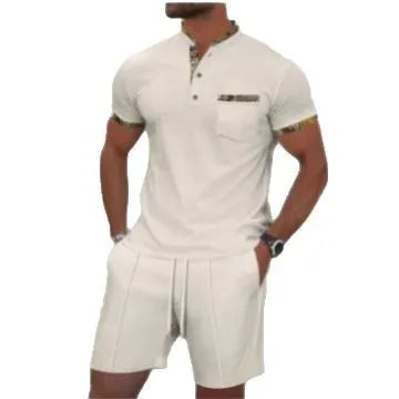 Men's grey waffle zipper polo collar short sleeve top and matching shorts laid flat