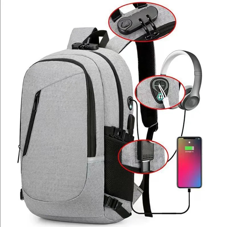 Blue Oxford cloth computer backpack with front pocket, shown next to grey and black colour options.