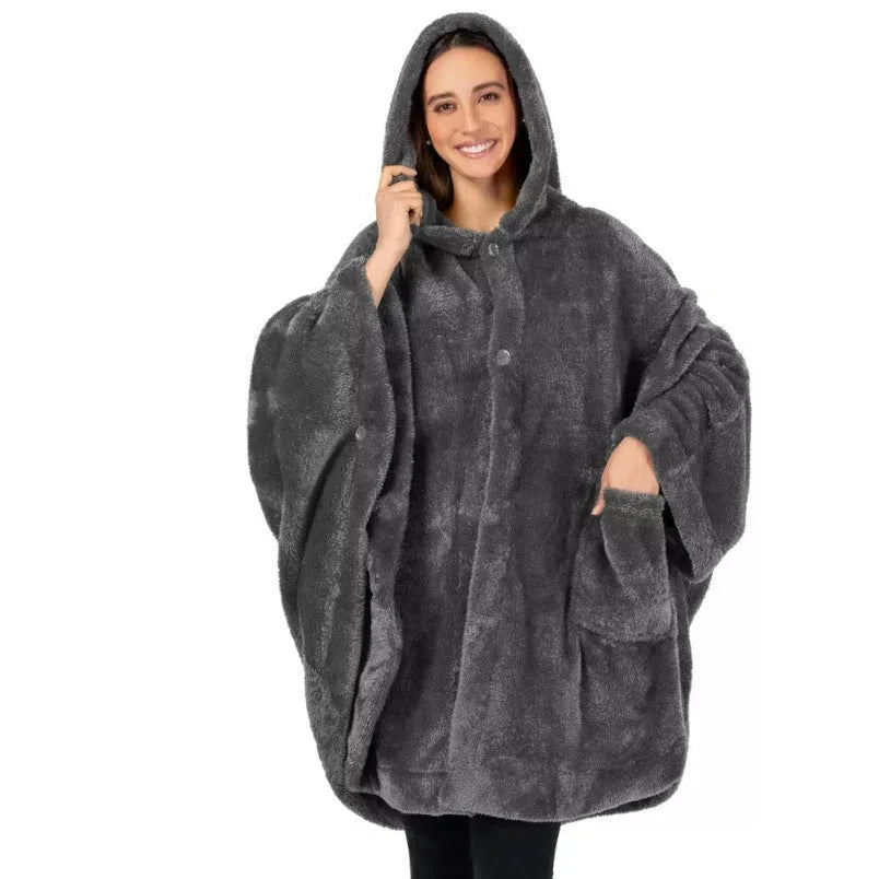 Super thick hooded bathrobe cloak in black, dark grey, or pink, showing cardigan style and long sleeves.