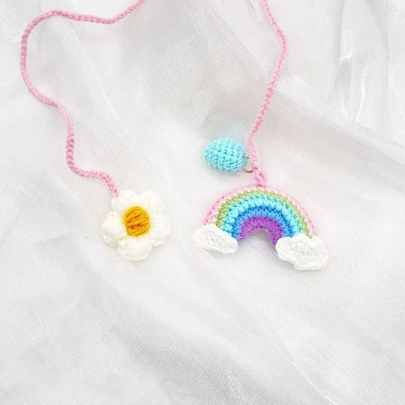 Handmade crocheted avocado rainbow flower car pendant in wool yarn for vehicle interior decoration