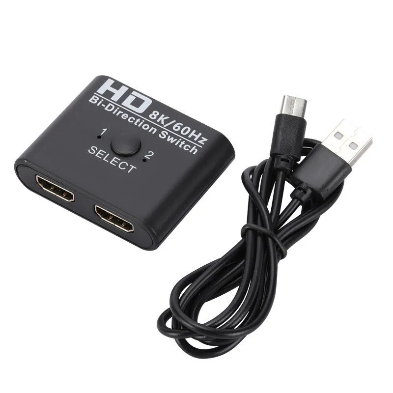 HDMI bidirectional AB switcher with switch button and two LED indicators, supports 8K 60Hz