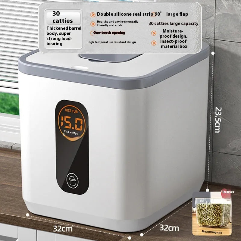 Grey plastic sealed rice storage jar with lid and measuring cup in 10kg, 20kg, or 30kg sizes.