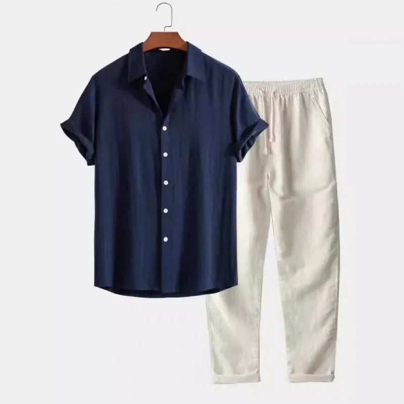 Men's loose fit linen-blend short sleeve shirt and trousers casual suit set on a hanger.