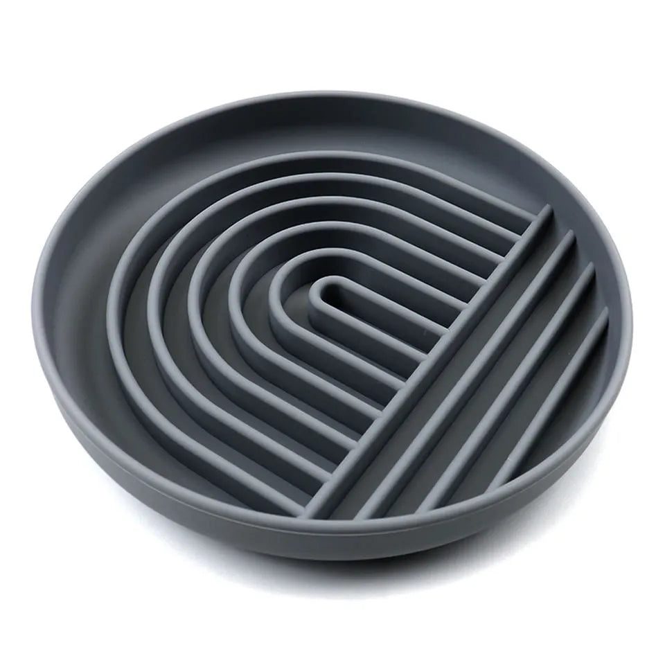Silicone slow feeder dog bowl with textured ridges, shown in beige colour