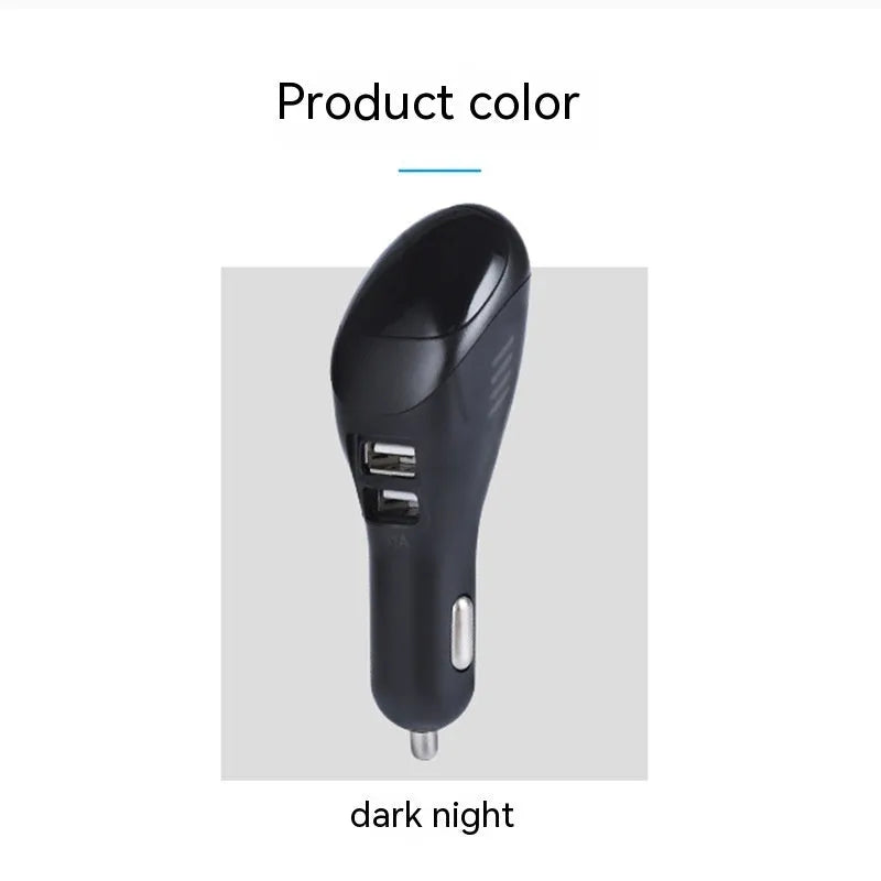 White car USB charger with negative ion air purifier measuring 103mm with dual charging ports