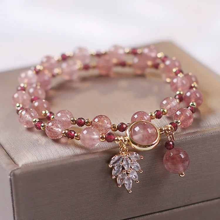 Women's double-layer strawberry quartz bracelet with Lucky Cat charm and red cat's eye flowers