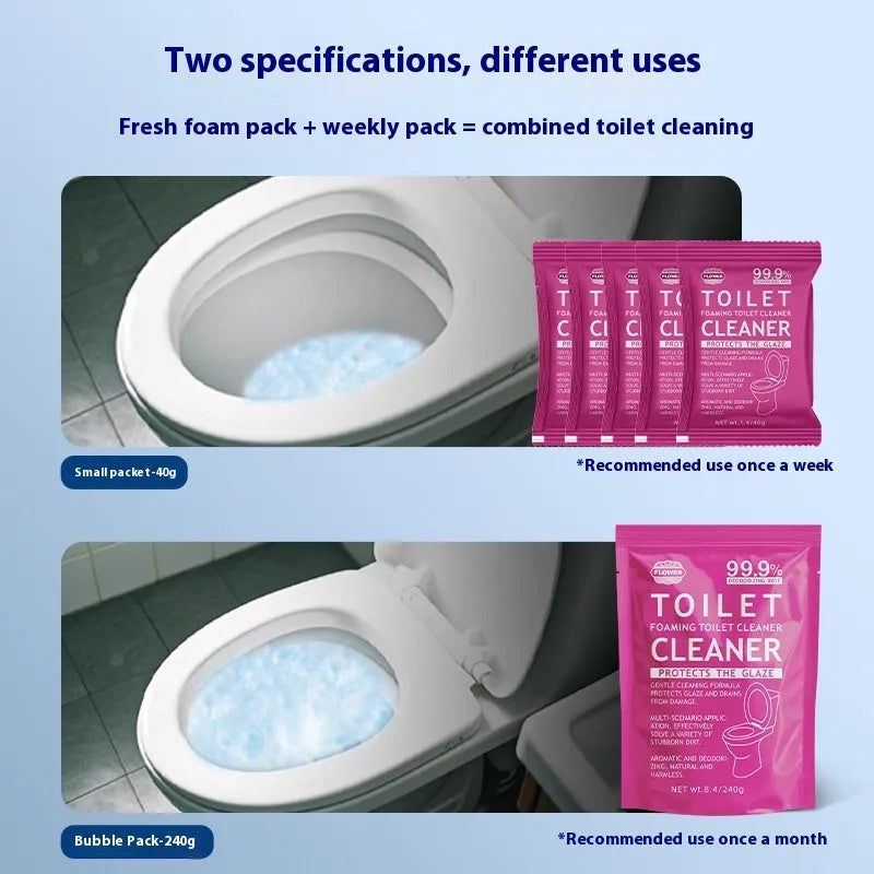 Toilet bubble powder in blue ocean and pink floral fragrances for descaling and anti-blocking