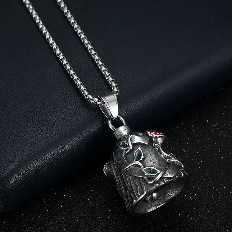 Polished titanium steel motorcycle lucky bell with a double-sided epoxy rose design in retro steel colour.