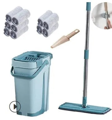 Blue lazy mop with microfiber flat head and bucket for wooden tile marble floors 33cm